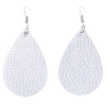 Macro detail of silver teardrop earrings with textured faux leather finish and fish hooks - Silver