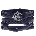 Lot de quatre bracelets en cuir noir avec un pendentif arbre de vie de style vintage - Style Tissé en Cuir Tout Noir avec Arbre de Vie Argenté (HM-70237-N)