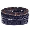 Retro multi-layer men's bracelet set with woven black leather and brown wooden beads - Dark Brown Wood Beads Black Leather Combination Style (HM-70237-F)