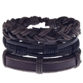 Detailed view of layered men's braided leather bracelets in dark brown and black - Dark Coffee Thick Strand Woven And Multilayer Leather Style (HM-70237-G)