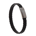 Braided black leather bracelet for men featuring a matte silver magnetic metal clasp - Gun Black Clasp + Black Leather