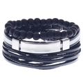 Vue détaillée d'un bracelet noir multicouche pour homme avec perles et plaque en métal argenté - Style de Plaque à Motif Grec Argenté avec Perles Noires Mattes (HM-70237-H)