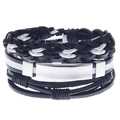 Détail du bracelet multicouche en cuir tressé avec plaque en acier inoxydable argenté - Style Tissé Noir et Blanc avec Plaque en Acier Inoxydable Argenté (HM-70237-E)