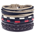 Detail of multi-layer men's braided leather bracelet with vintage anchor and woven hemp cord - Black White Red Hemp Rope Layer Multilayer Vintage Style (HM-70237-A)