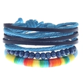 Detail view of multi-layer boho leather bracelet set with colorful braided rope and beads - Blue Series Rainbow Woven Multilayer Combination Style (HM-70237-J)