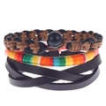 Detail view of a three-piece set with woven leather cords and rainbow thread wrap bracelet - Rainbow Wrapped Cord Dark Coffee Leather Style (HM-70237-C)