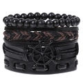 Ensemble de bracelets en cuir rétro multicouches avec perles en bois et barre nautique - Style Pendentif Métal Gouvernail (HM-70255(B))
