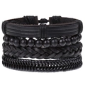 Détail d'un ensemble de quatre bracelets en cuir tressé noir et perles pour hommes - Style Perles en Cuir Noir Uni (HM-70255(C))