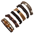 Detail shot of 6-piece vintage woven leather bracelet set in brown, khaki, and black colors - Black and White Ethnic Mixed Color Series (HM-70265(B))
