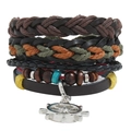 Close-up of multilayer leather bracelet set with wooden beads and silver ship wheel charm - Rudder Style (HM-70264(AA))