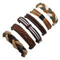 Set of 6 vintage woven leather bracelets for men featuring braided hemp and retro cords - Coffee Tone Multi-strand Stacking Series (HM-70265(D))