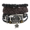 Detail of layered leather bracelets featuring sunflower emblem and fishbone charm - Fish Bone Style (HM-70264(I))