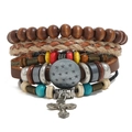 Detail of multi-layer leather bracelet with cross pendant and wooden beads on white backdrop - Cross Style (HM-70264(O))