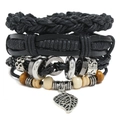 Detail of multi-layer black leather bracelet set with wooden beads and leaf pendant - Leaf Charm Style (HM-70264(R))