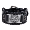Bracciale rétro punk in pelle da uomo con placca metallica pentacolo albero della vita - Argento Antico