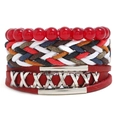 Close-up of layered leather bracelet with red beads and silver metal X-shaped ornaments - Red X Decor Style (HM-70264(U))