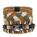 Detail of multi-layer braided leather bracelet with wooden beads and X-metal charm - Brown X Decor Style (HM-70264(W))