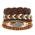 Detail of multi-layer leather bracelets with wooden beads and silver leaf charm - Silver Leaf Charm Style (HM-70264(X))