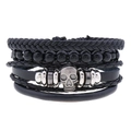 Bracciale multistrato da uomo in pelle nera con teschio e perline stile retrò punk - Set da 4 pezzi