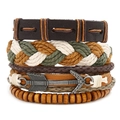 Detail of multi-layer braided leather bracelets with metal arrow and wooden beads - Metal Arrow Style (HM-70264(Y))