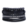 Ensemble de quatre bracelets noirs en cuir avec cordes tressées, perles et rivets - Style multicouche / Ensemble Noir