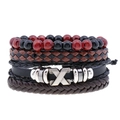 Men's multi-layer leather bracelet set with woven bands and red-black beads on white background - Four Piece Set (HM-70322)