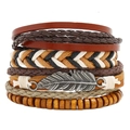 Detail view of multilayer braided leather bracelet set with vintage silver feather charm - Vintage Feather Style (HM-70264(Z))