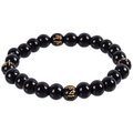 Detailed close-up of black beads with golden Mantra engravings on this spiritual bracelet - Black Mantra Engraved Style (HM-F0009-F)