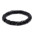 Detail of polished black rondelle wood beads on an elastic minimalist bracelet - Black Polished Rondelle Bead Style (HM-F0009-M)