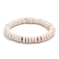 Detailed macro view of white Heishi wood beads with natural texture on an elastic bracelet - White Bohemian Heishi Bead Style (HM-F0009-L)