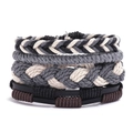 Dettaglio di bracciali multistrato in pelle intrecciata e corda in stile vintage retrò - Stile Etnico Nero Grigio Crema (HM-70345-C)