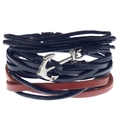 Men's multilayer braided leather bracelet with vintage silver anchor pendant in black and brown - Vintage Silver Anchor Black And Brown Multilayer Leather Style (HM-70237-M)