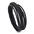 Pulsera multicapa de cuero negro trenzado para hombre con cierre magnético - EU 21 / Hebilla Negra + Cuero Negro