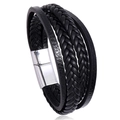 Multilayer black woven leather bracelet for men featuring a silver magnetic clasp - 23CM / Silver Clasp + Black Leather