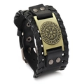 Vintage Viking Vegvisir kompas zwart leren manchetarmband met zilveren studs - Echt Leer Antiek Brons