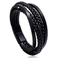 Multilayer black leather woven bracelet for men featuring a brushed metal magnetic clasp - 23CM / Black Clasp + Black Leather