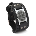 Men's Viking compass leather bracelet with black braided bands and antique silver metal - PU Antique Silver