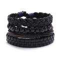 Détails d'un ensemble de 4 bracelets multicouches en cuir noir et cordes tressées - Style Tout Noir Cuir et Perles (HM-70345-H)
