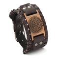 Brown leather Viking bracelet with a vintage copper Vegvisir compass and woven edges - PU Antique Red Copper