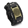 Vintage black leather Viking compass bracelet with woven edges and adjustable buckle strap - PU Antique Bronze