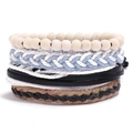 Détail de bracelets ethniques multicouches avec perles en bois, cordon cuir et chanvre - Style Tissé Crème Bleu Blanc (HM-70345-I)