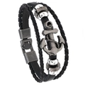 Men's multi-layer black woven leather bracelet with vintage metal anchor charm - Anchor Style / Black Anchor