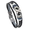 Men's multilayer black leather bracelet with silver X-shaped buckle and blue beads - X-Shape Style / X-type Black