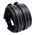Bracciale punk in pelle nera a doppio strato da uomo con cuciture bianche a contrasto - Nero