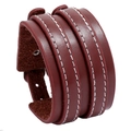 Bracciale multistrato da uomo in pelle rosso scuro con cuciture bianche e fibbia in metallo - Marrone Rosso