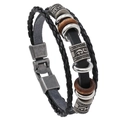 Multilayer black woven leather bracelet with brown wooden beads and vintage metal tube - Scripture Style / Scripture Black