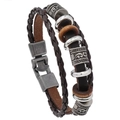 Retro multi-layer woven dark brown leather bracelet with silver metal rings and clasp - Scripture Style / Scripture Brown