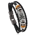 Punk multilayer black leather bracelet featuring skull metal plate and wooden beads - Skull Style / Skull 02