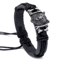 Retro braided leather bracelet featuring an antique silver wolf head and punk rocker style - Wolf Head-Silver