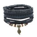 Vintage multilayer leather bracelet set with wooden beads and leaf charm on white backdrop - Retro Braided Set